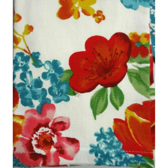 Pioneer Woman Wildflower Whimsy Kitchen Towels 2pc White Teal Stripe Floral Gift - Picture 3 of 5